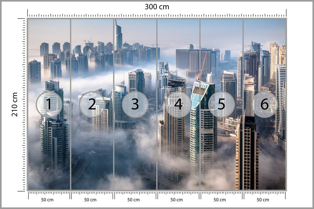 FOTOTAPETE für Büro Dubai Nebel Wolkenkratzer Skyline Panorama 300x210 - Blau/Beige, Papier (300/210cm) - Muralo