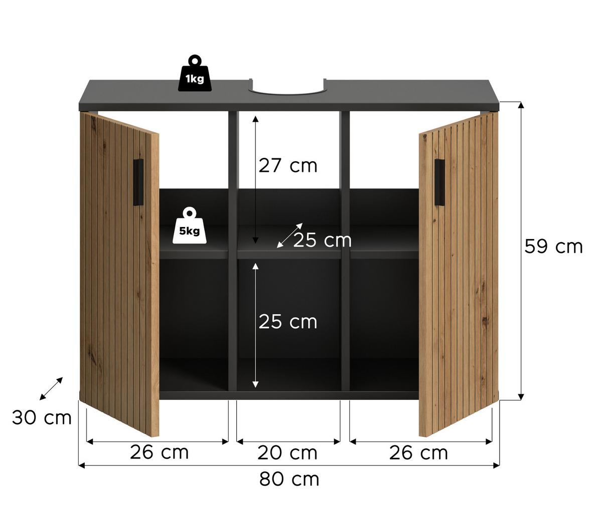 WASCHBECKENUNTERSCHRANK Eiche Artisan, grau 80 cm, Bad Unterschrank mit 6 Fächern, Leistenoptik - Schwarz/Eiche Artisan, Holzwerkstoff/Kunststoff (80/59/30cm) - Inn.Furn