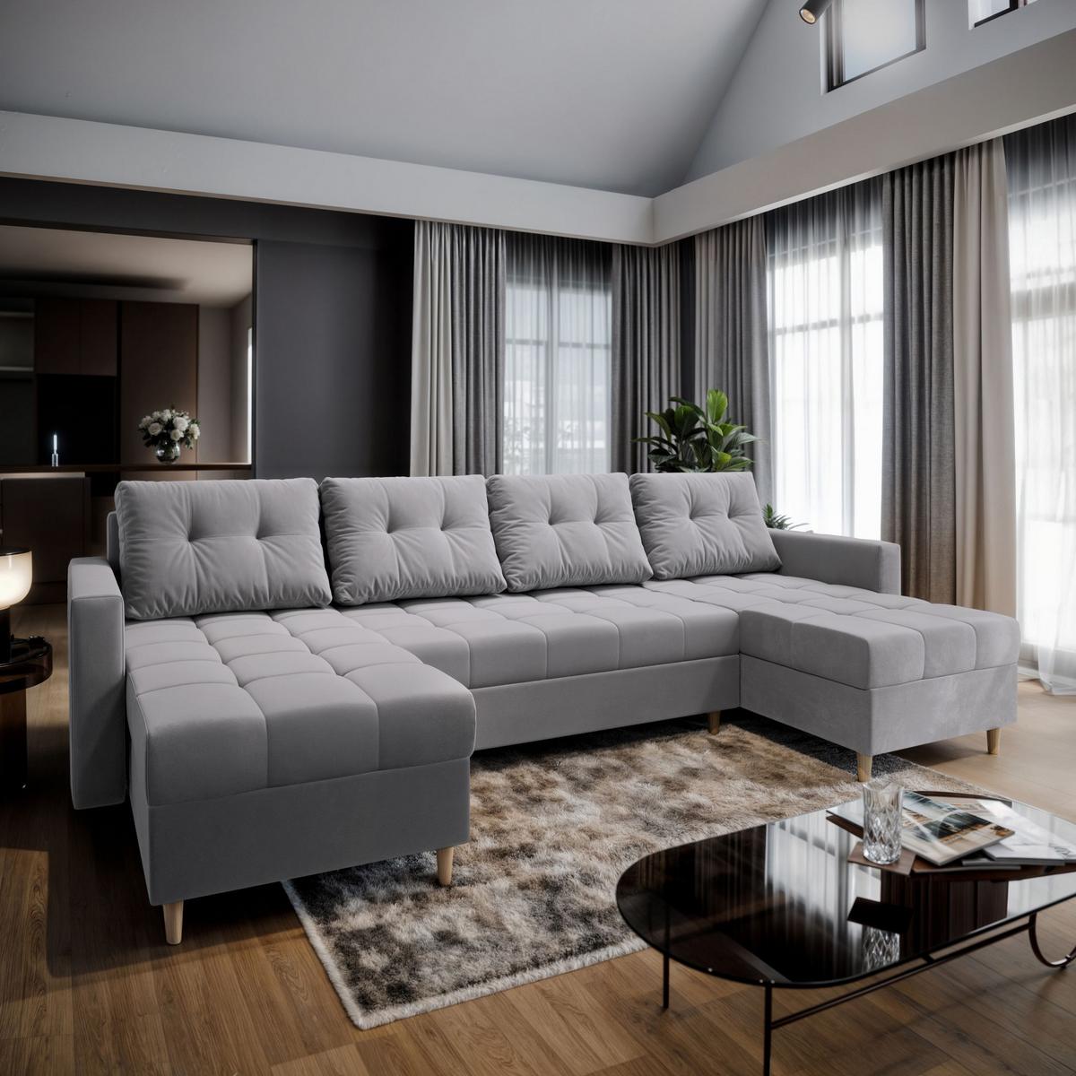WOHNLANDSCHAFT MILO U Hellgrau Plüsch-Stoff mit Schlaffunktion - Hellgrau/Braun, Holz/Textil (285/91/140cm) - MASSENO