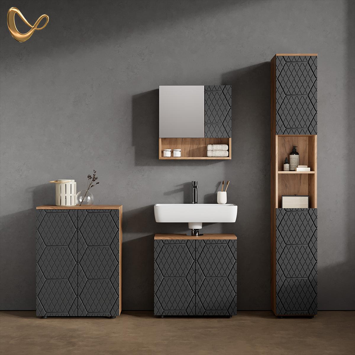 BADMÖBEL-SET Ronco Anthrazit mit Wabenstruktur 4 Teile, mit Hochschrank und Kommode - Anthrazit, Holzwerkstoff (60/59/30cm) - Livinity®