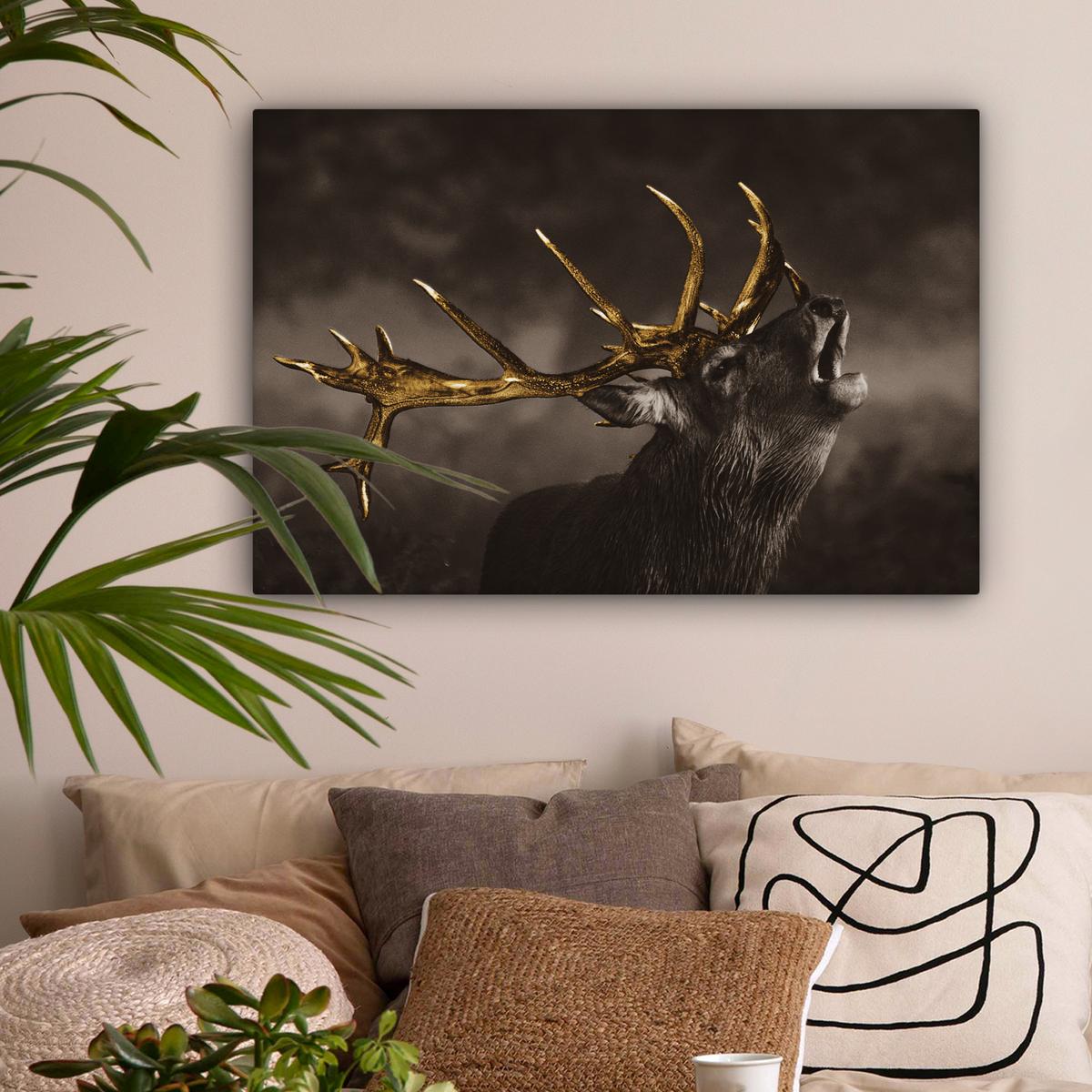 LEINWANDBILD Rotwild - Schwarz - Gold XXL 150x100 cm - Braun, Textil (150/100cm) - MuchoWow