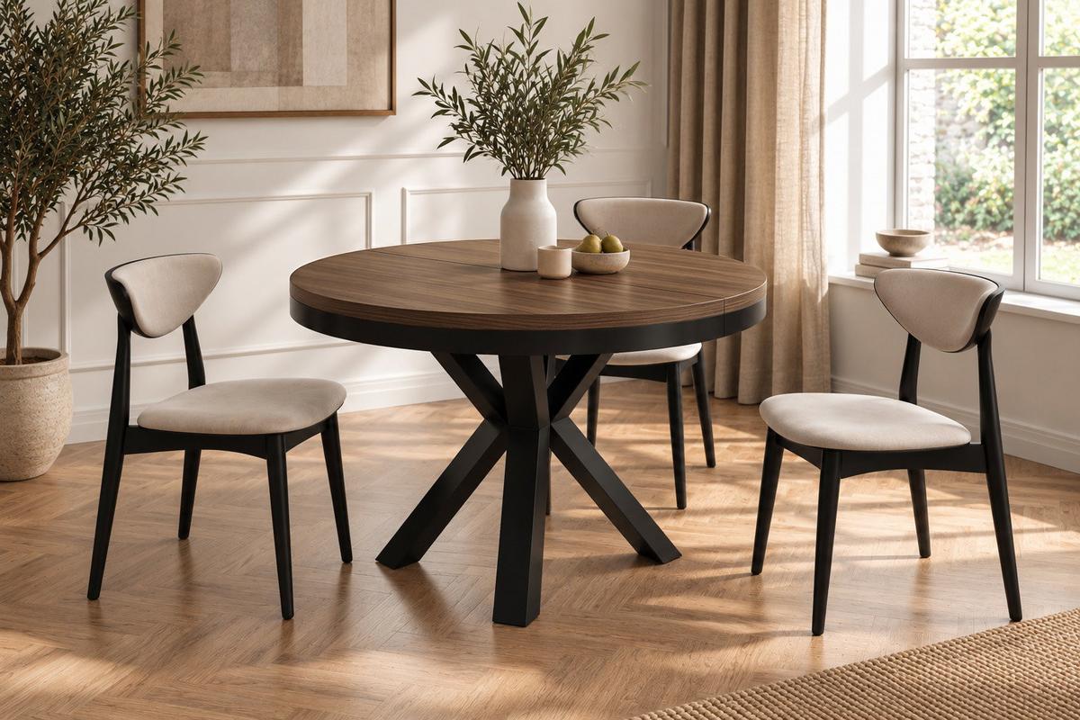 ESSTISCH Clara runder ausziehbarer, Nussbaum Braun 120-200/120/76 cm - Walnussfarben/Schwarz, Holzwerkstoff/Metall (120/200/76cm) - WFL GROUP