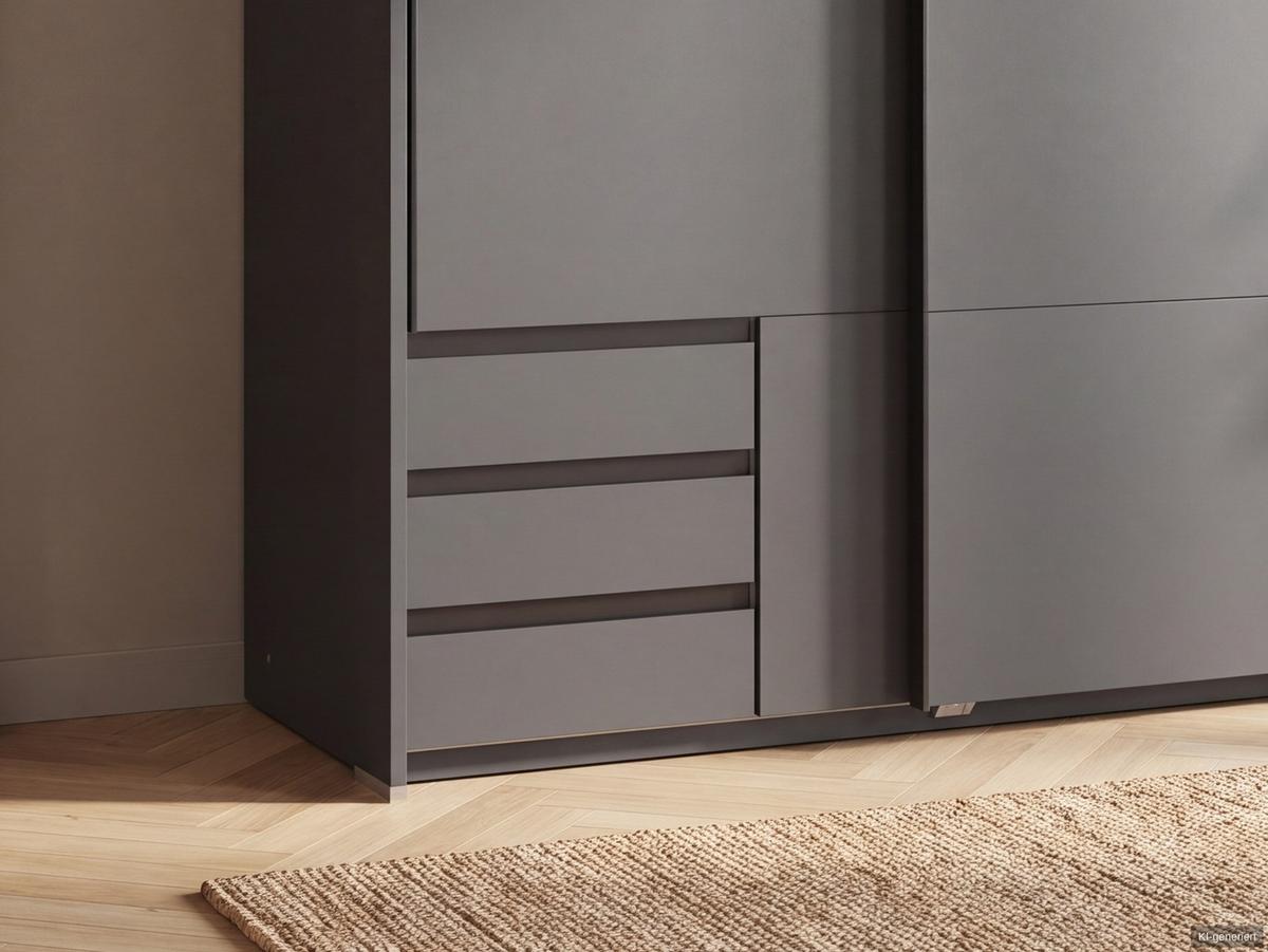 SCHWEBETÜRENSCHRANK 2-türig B138/H200/T65 cm, Passepartout-Kleiderschrank in Grafit mit sichtbaren Schubkästen / 22672 - Graphitfarben/Schwarz, Holz/Holzwerkstoff (138/200/65cm) - luma-home