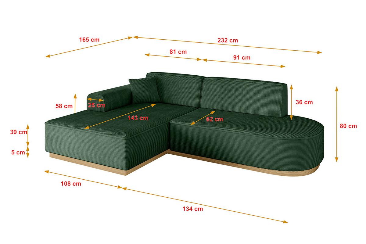 ECKSOFA Ottomane Links IREA-L1-v2 - 232x165x80 cm Grün - Currygelb, Holzwerkstoff/Textil (232/165cm) - ALTDECOR