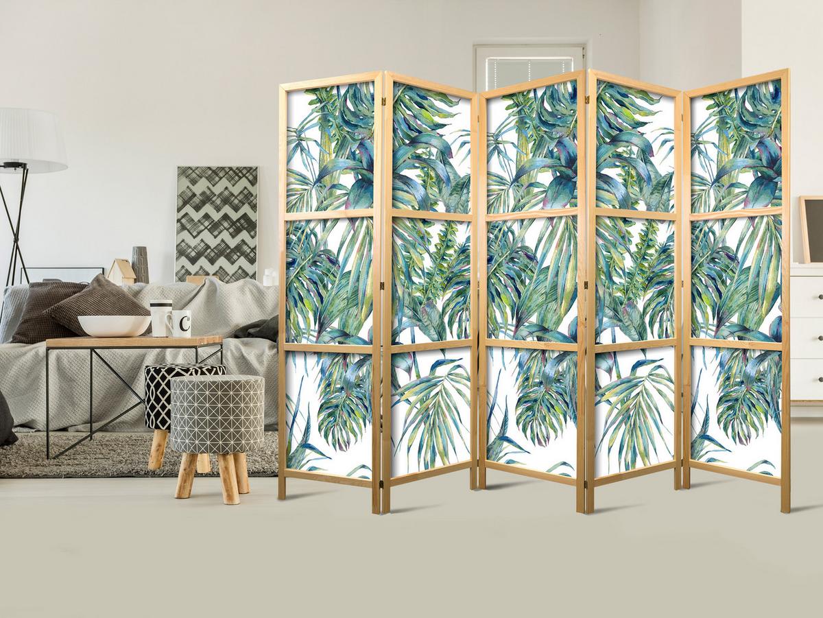 PARAVENT Japanischer 5-tlg 225x172 cm Tropische Pflanzen - Grün, Holz/Textil (225/172/3cm) - Muralo