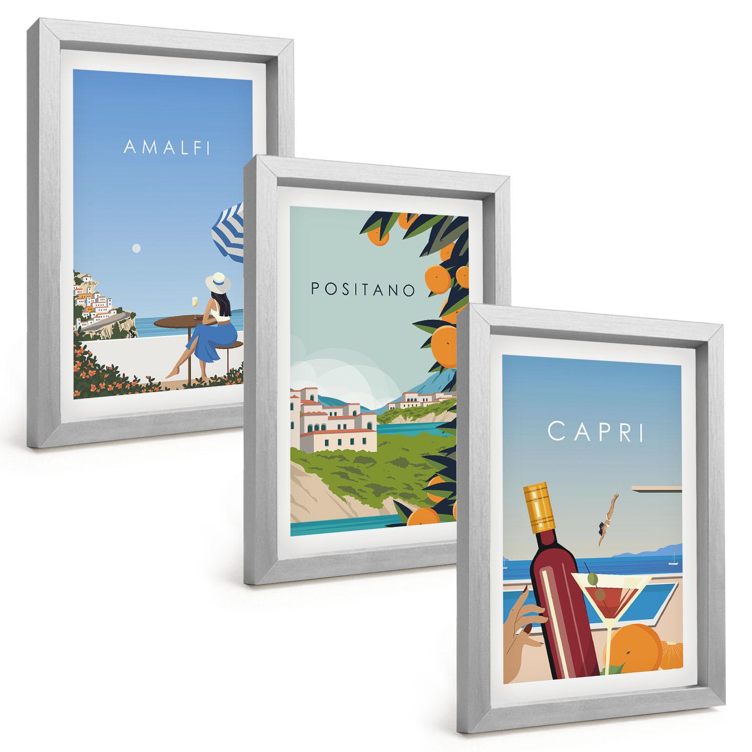 BILDER SET 3er Set - 20x30 cm Silberner Rahmen - Amalfi, Positano und Capri - Silberfarben, Kunststoff (20/30cm) - TULUP