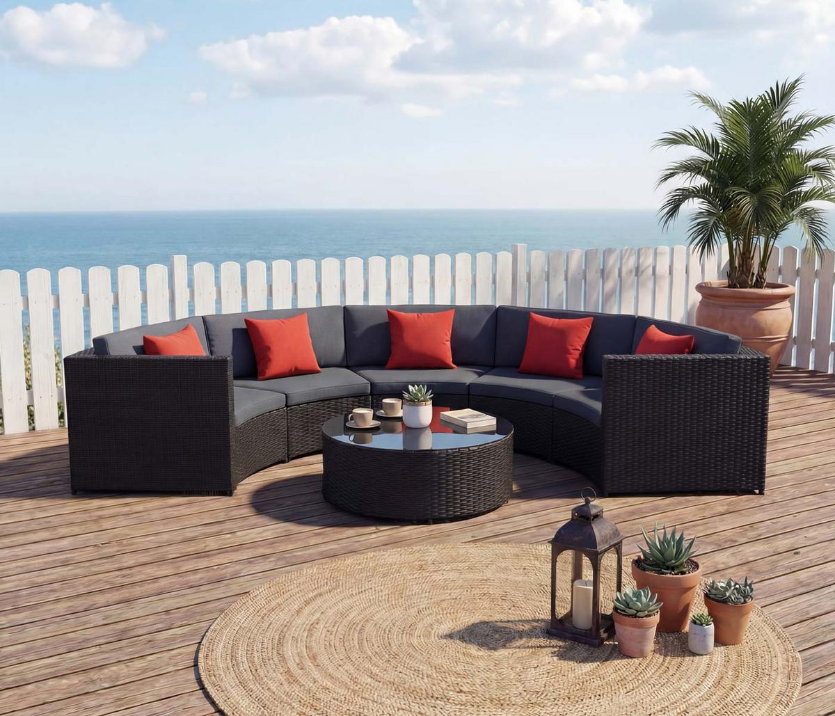 POLY-RATTAN GARNITUR RUND Schwarz, Anthrazit, Orange - Anthrazit/Schwarz, Kunststoff - MCW