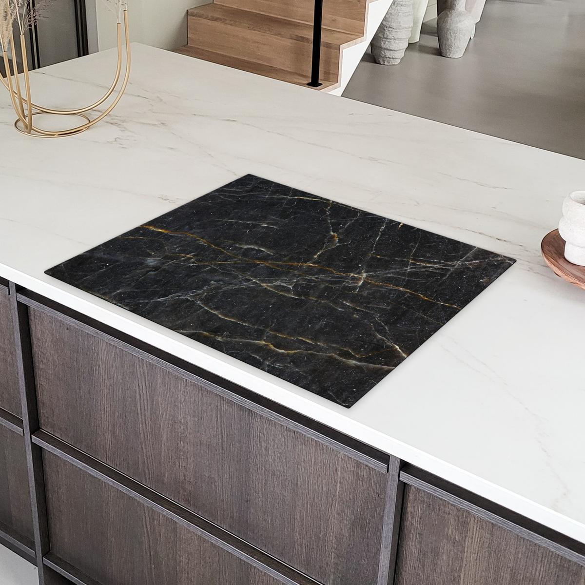 HERDABDECKPLATTE Marmor - Schwarz - Gold - Grau - Marmorstruktur Induktionsmatte 77x59 cm - Goldfarben, Kunststoff (77/59/0.2cm) - MuchoWow