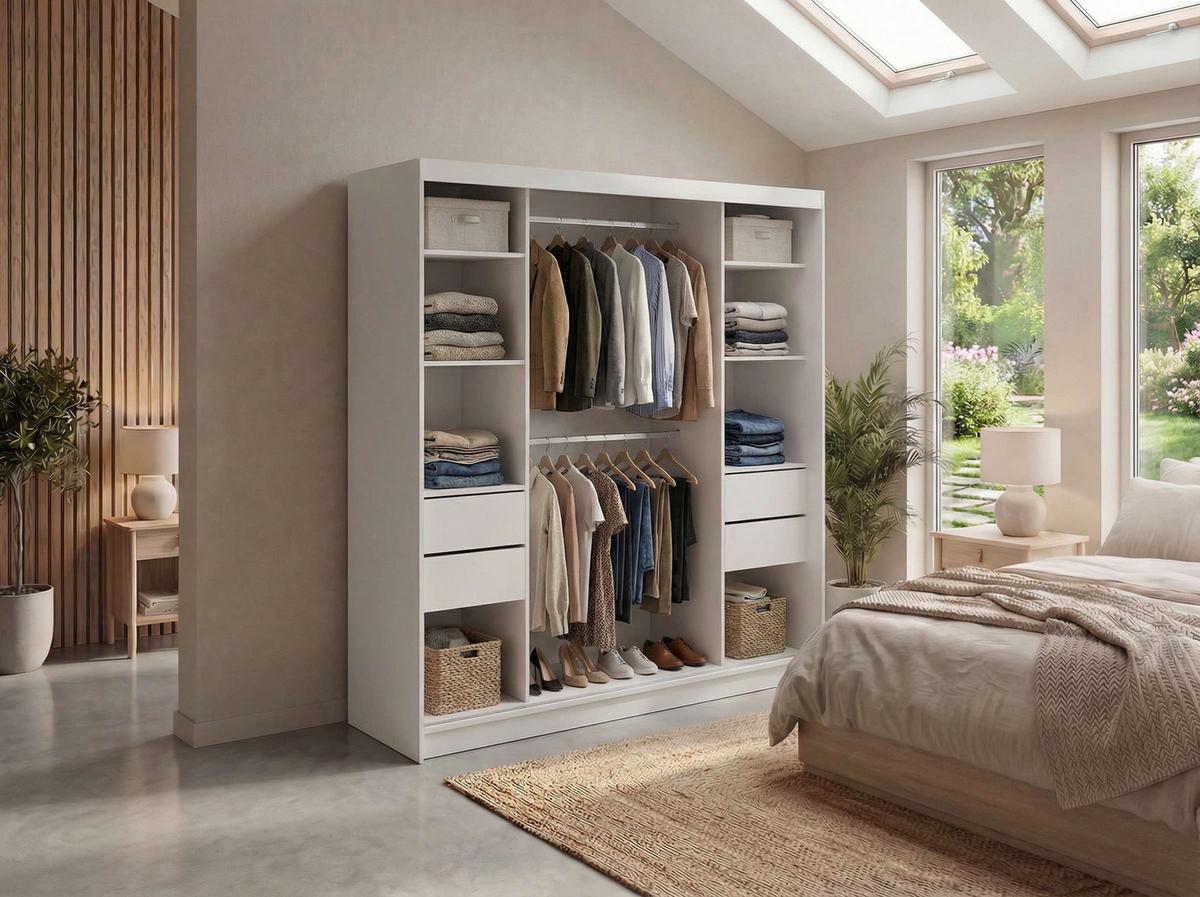 SCHWEBETÜRENSCHRANK mit Spiegel und Schubladen - WALENCJA - 200 - Kaschmir-Grau lacobel - Kaschmir/Alufarben, Holzwerkstoff/Metall (200/216/61cm) - MKS