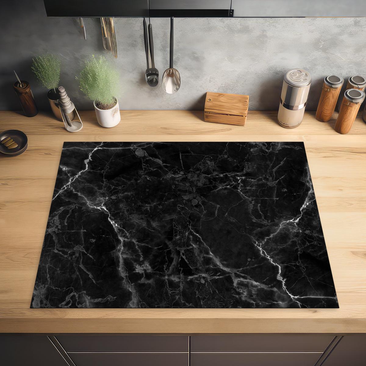 HERDABDECKPLATTE Marmor - Schwarz - Weiß - Textur - Marmoroptik Induktionsmatte 77x59 cm - Silberfarben, Kunststoff (77/59/0.2cm) - MuchoWow