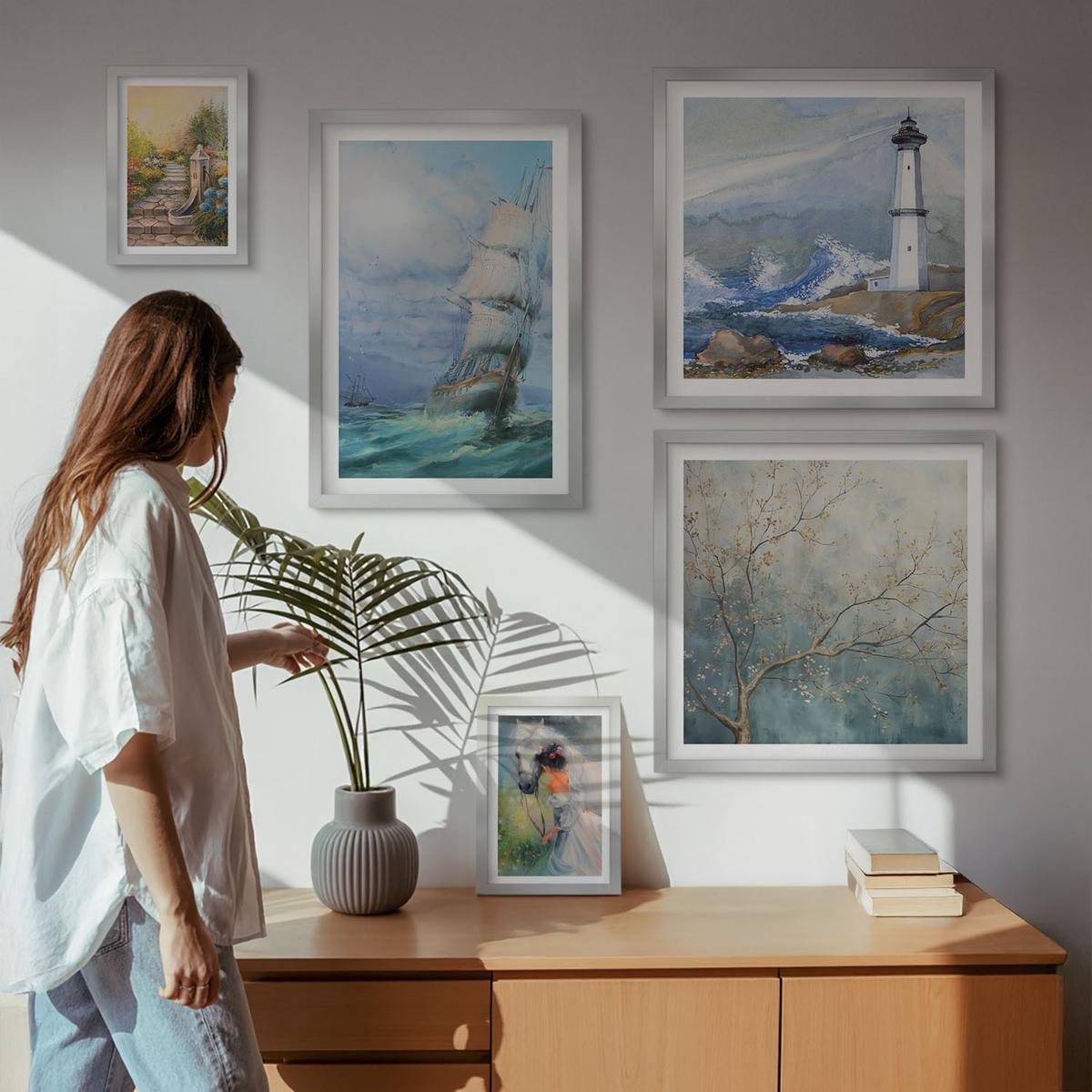 BILDER SET 5er Set - 50x50 cm & 20x30 cm & 40x60 cm Silberner Rahmen - Familienillustrationen Hausschilder - Silberfarben, Kunststoff (40/60cm) - TULUP