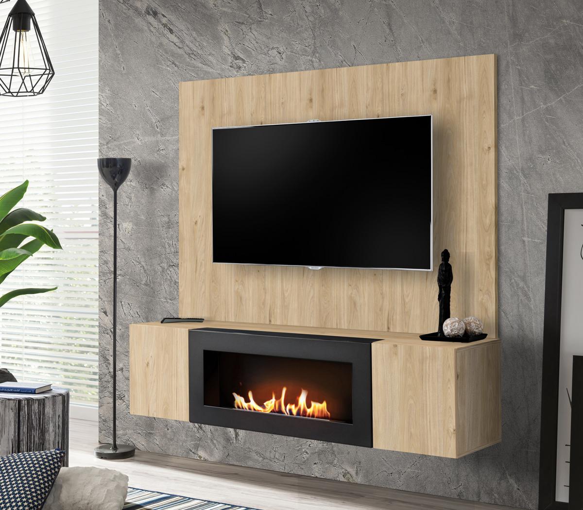 TV-LOWBOARD Eiche Jackson 160 cm hängend, Set inklusive Ethanol Kamin und Wandpaneel - Eichefarben, Holzwerkstoff (160/158/40cm) - Inn.Furn