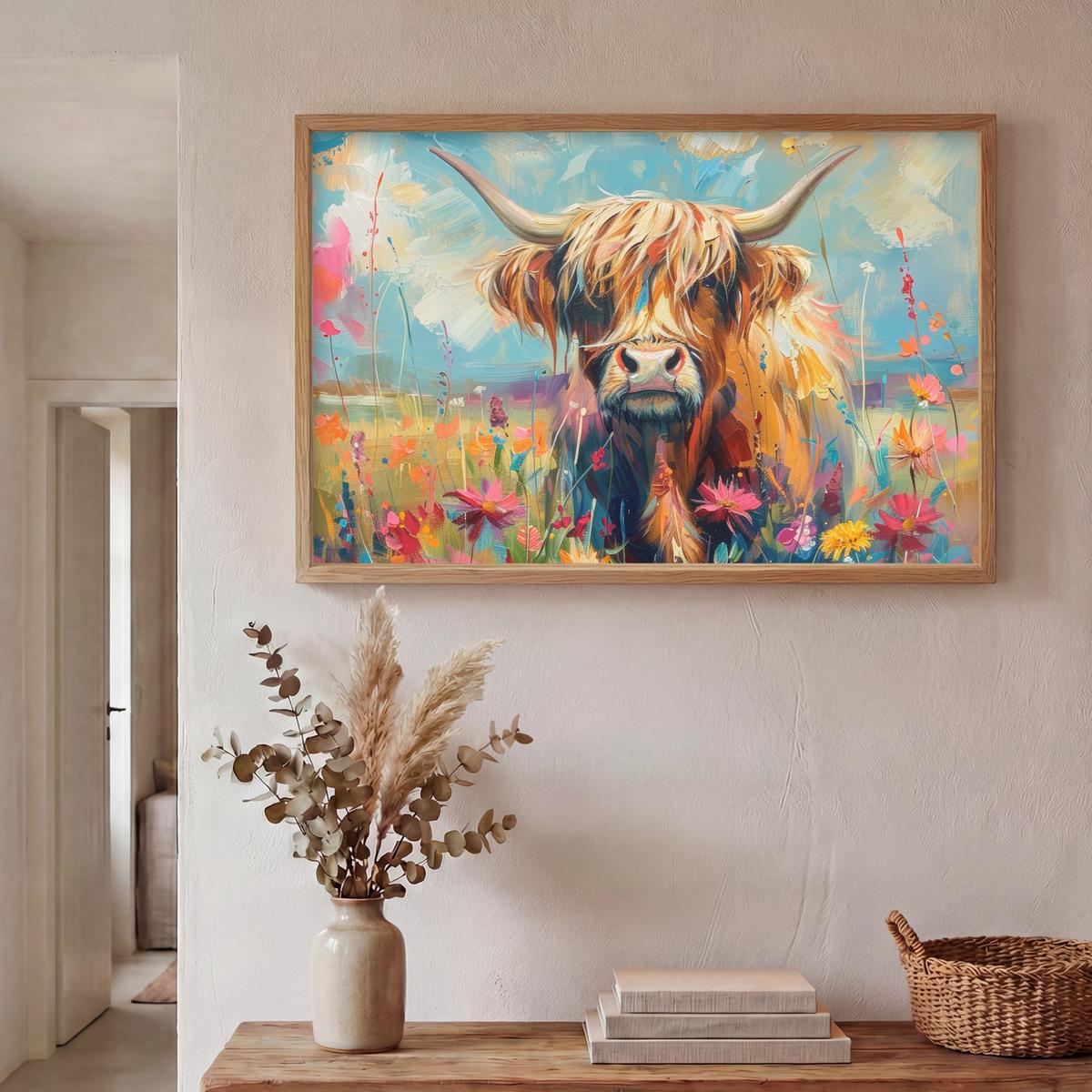 WANDLEUCHTE MIT AKKU Schottische Hochländer - Natur - Farbenfroh - Blumen 90x60 cm - Multicolor, Holzwerkstoff (90/60/8cm) - OnlyWow