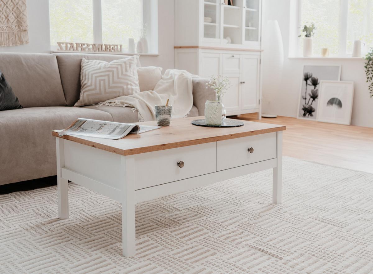 COUCHTISCH weiß, Eiche Artisan Landhaus, 110 x 55 cm, Wohnzimmertisch mit Schubladen - Silberfarben/Weiß, Holzwerkstoff/Kunststoff (55/110/40cm) - Furn.Design