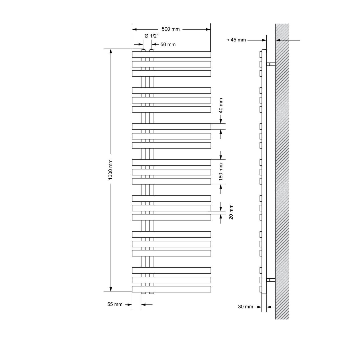 BADHEIZKÖRPER elektrisch Iron EM 500x1600 mm Anthrazit mit Heizstab 1200W Digital - Anthrazit, Metall (50/160/3cm) - LuxeBath