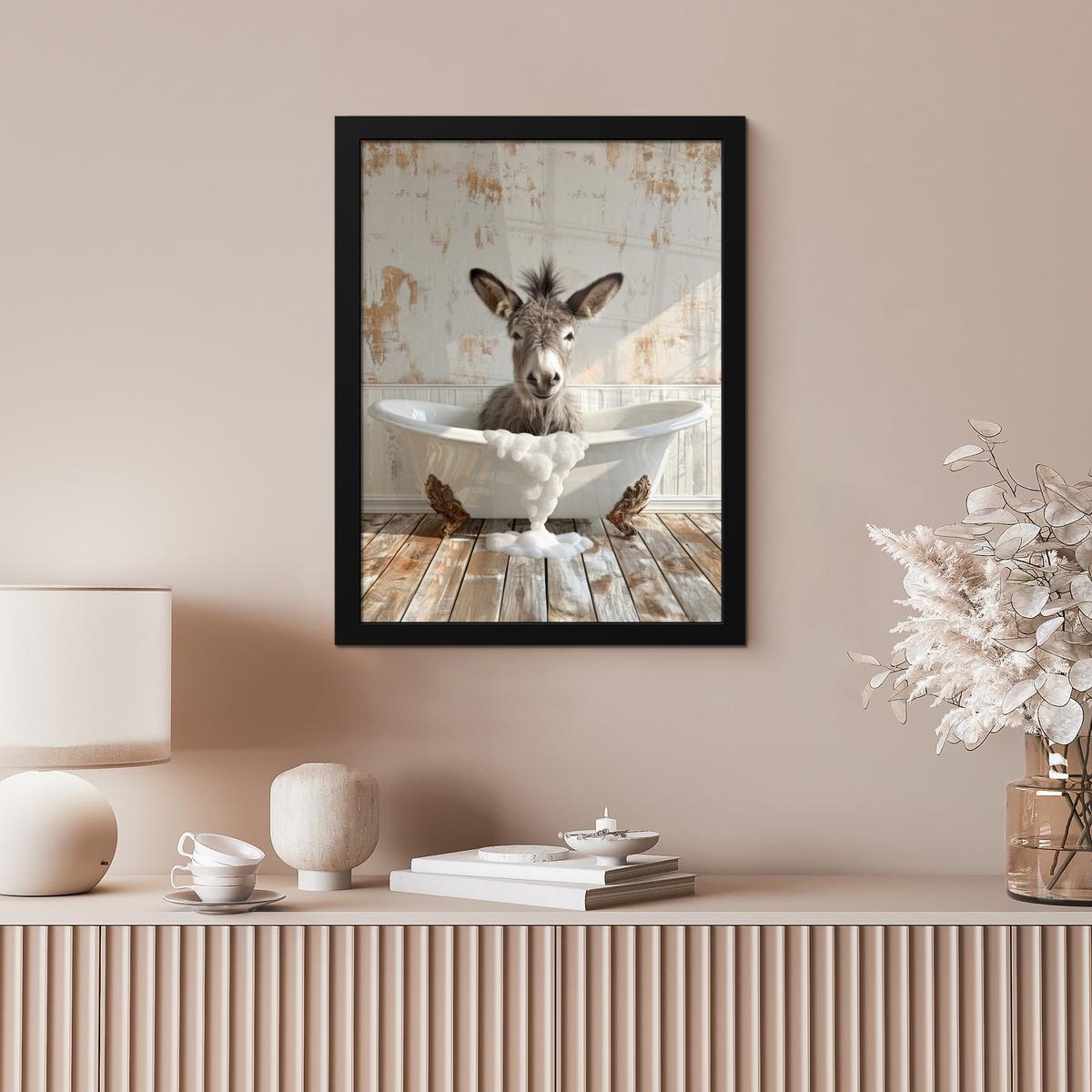 POSTER MIT RAHMEN Esel - Tiere - Badewanne - Schaumstoff Bilderrahmen 30x40 cm - Weiß, Papier (30/40cm) - MuchoWow