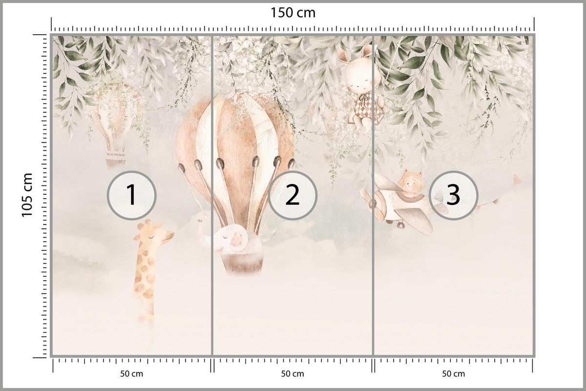 FOTOTAPETE für Kinderzimmer Tiere Wolken Ballons Giraffe Sonne 150x105 - Beige/Braun, Papier (150/105cm) - Muralo