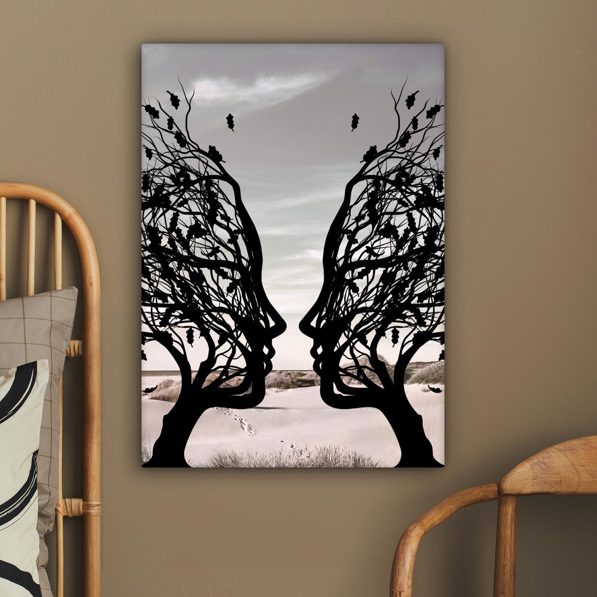 LEINWANDBILD Strand - Meer - Menschen - Baum - Moderne Kunst Wandbild Wohnzimmer 60x80 cm - Hellgrau, Textil (60/80cm) - MuchoWow