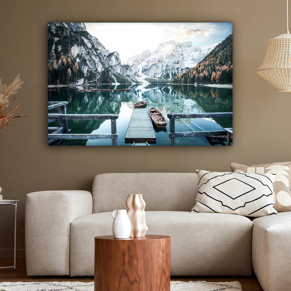 LEINWANDBILD Natur - Berge - Schnee - Wald - Boot Groß 140x90 cm - Hellgrün, Textil (140/90cm) - MuchoWow