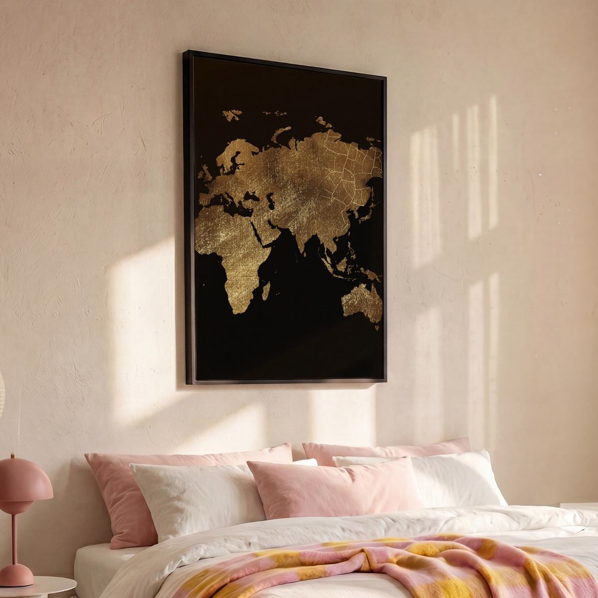 LEINWAND Bilder mit Rahmen - Weltkarte - Gold - Luxus - Erde - Schwarz - 90x140 - Goldfarben, Textil (90/140cm) - MuchoWow