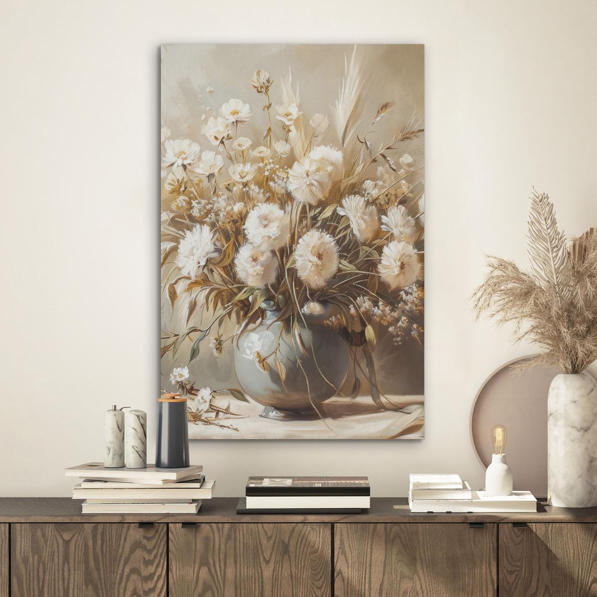 AKUSTIKBILD Blumen - Vase - Stilleben - Beige Kunstdruck Schlafzimmer 50x70 cm - Creme, Kunststoff (50/70/0.9cm) - MuchoWow