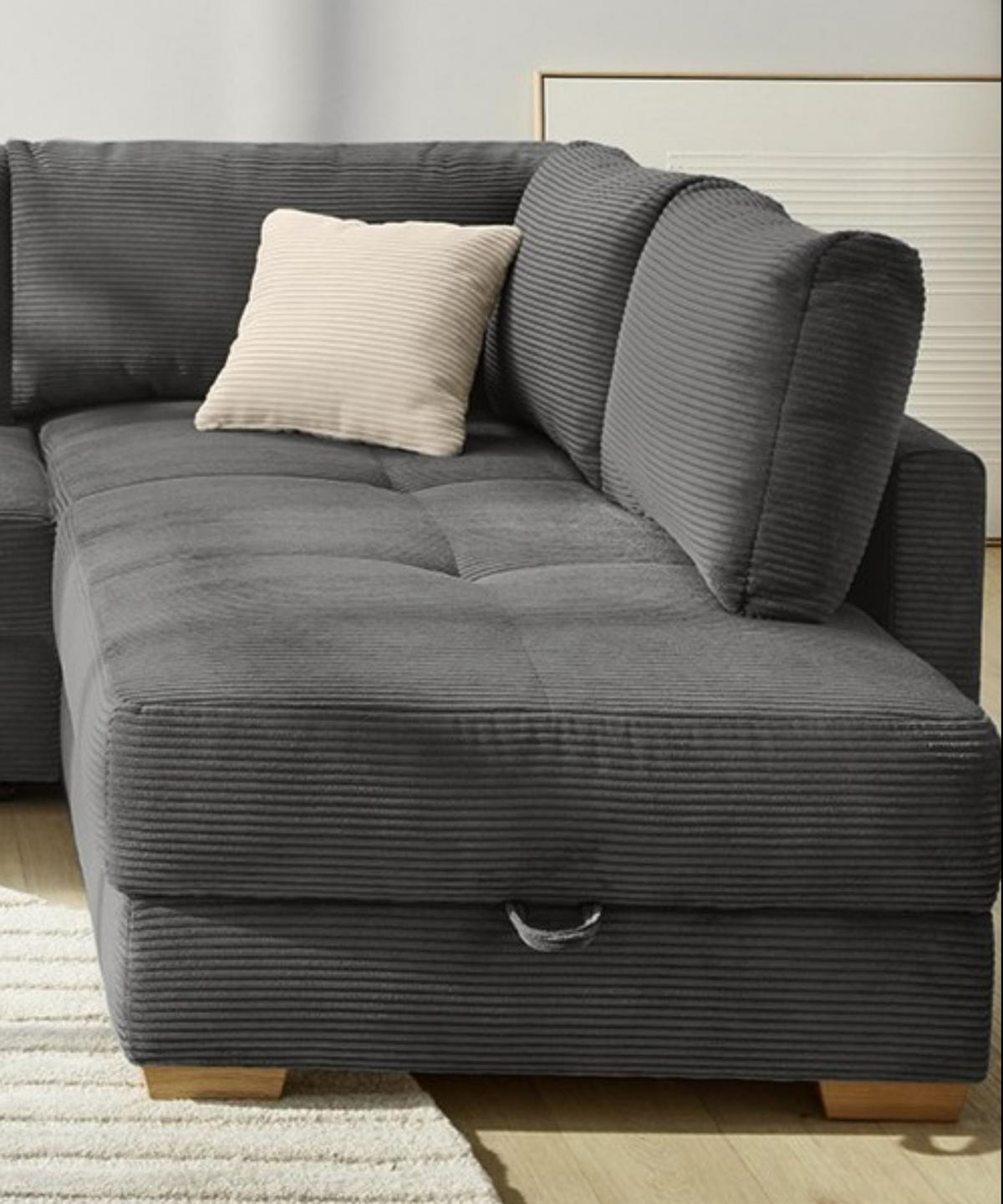 ECKSOFA-DAUERSCHLÄFER Boxspring Federkern Topper Bettkasten, seitenverkehrt montierbar B257/T206/H85 cm, Cord Dunkelgrau / 15211 - Dunkelgrau/Eichefarben, Holz/Textil (257/206cm) - luma-home