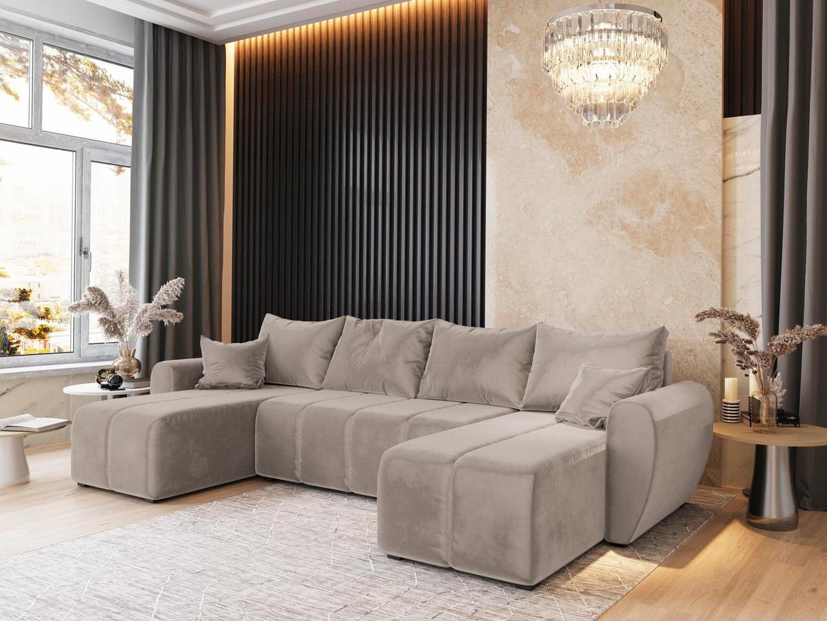WOHNLANDSCHAFT MADISON U Beige Plüsch-Stoff mit Schlaffunktion - Beige/Schwarz, Holz/Kunststoff (311/82/145cm) - MASSENO