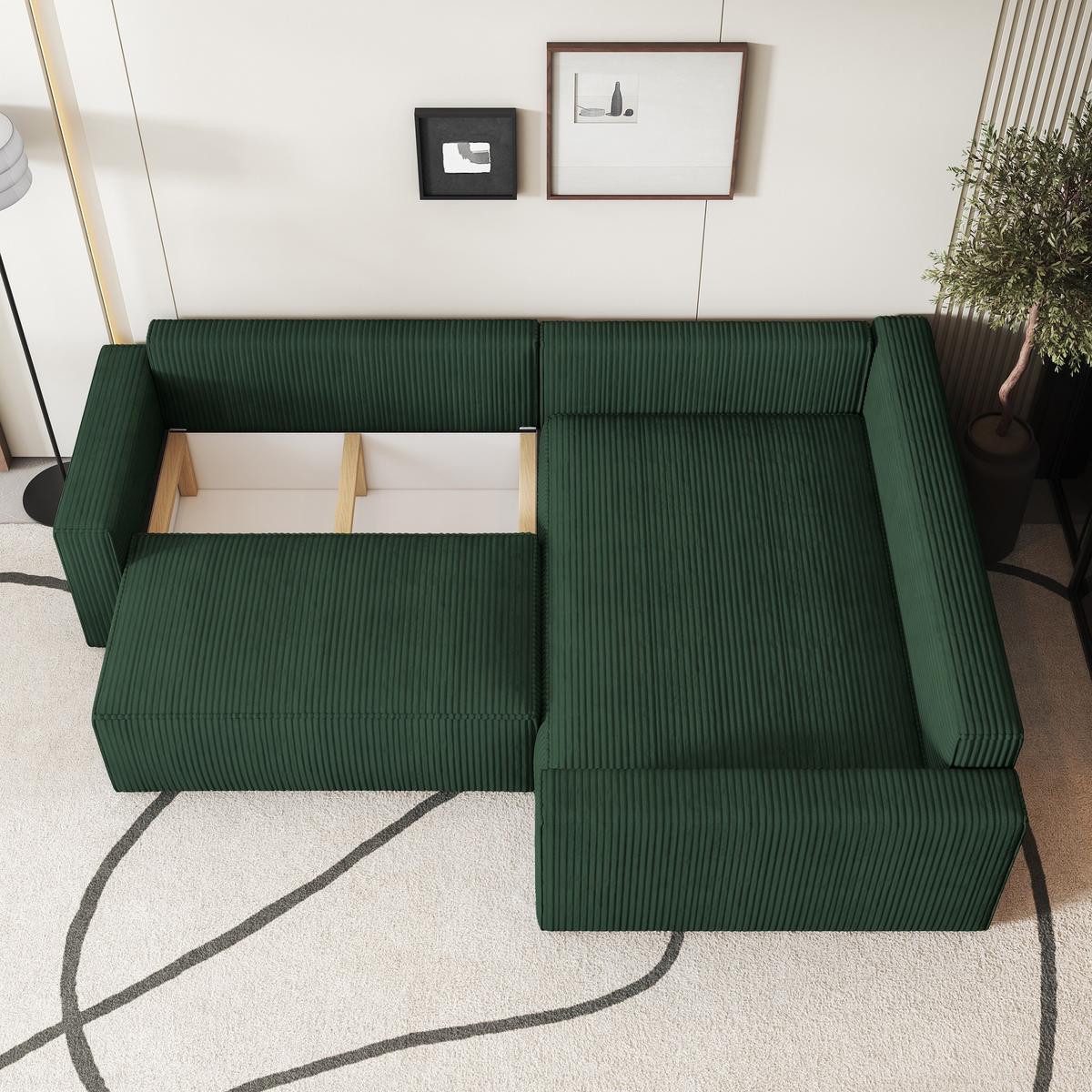 ECKSOFA ERONIS R-S Grün Kordstoff mit Schlaffunktion - Grün, Holz (265/194cm) - MASSENO