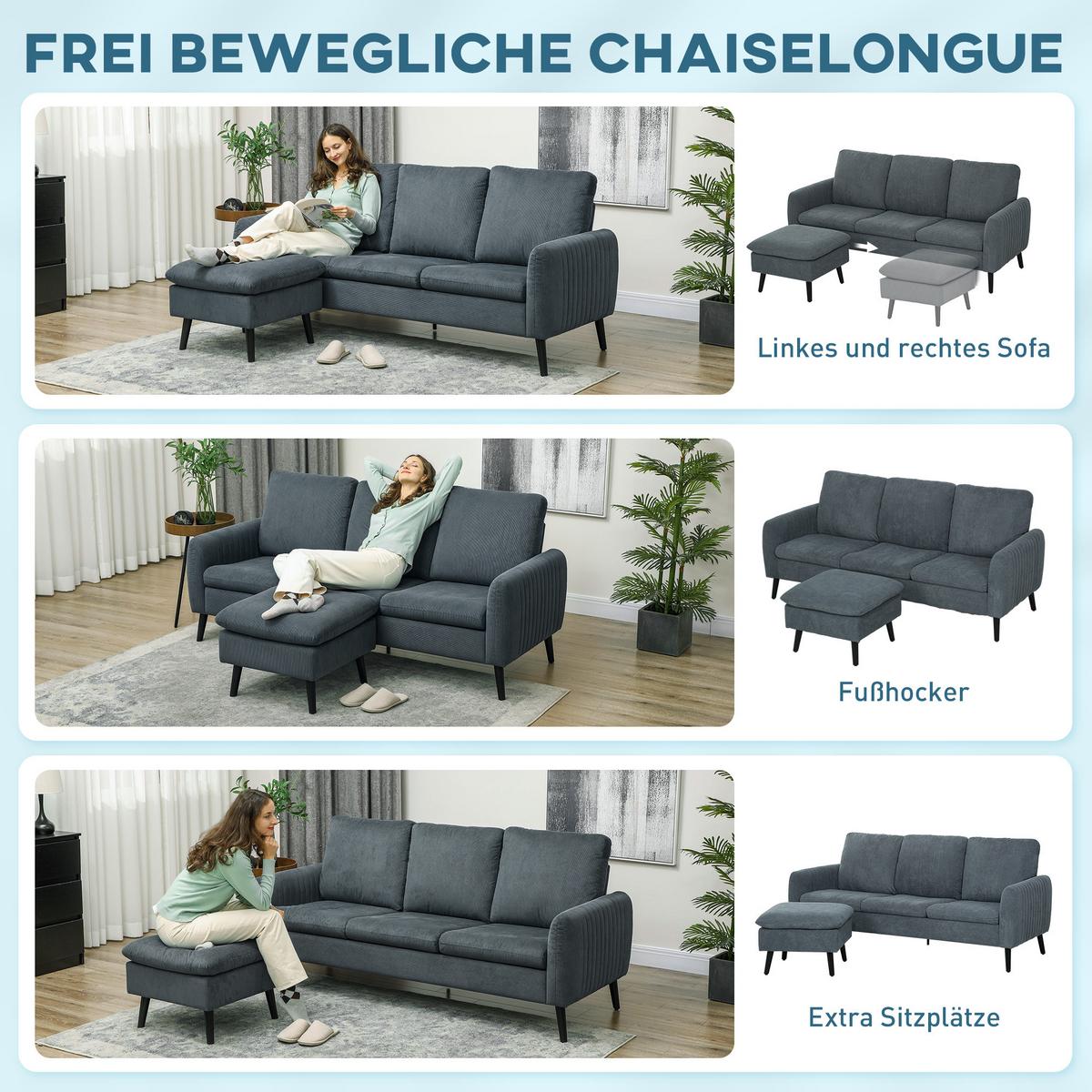 ECKSOFA mit Schlaffunktion Sofa mit Fußhocker, 3 Wurfkissen für Wohnzimmer - Dunkelgrau, Textil (140/196cm) - HOMCOM