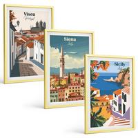 BILDER SET 3er Set - 40x60 cm Goldrahmen - Retro-Illustrationen von Weltstädten - Goldfarben, Kunststoff (40/60cm) - TULUP