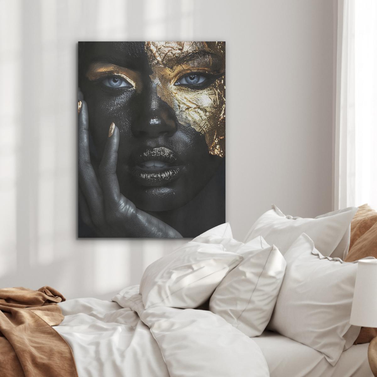 AKUSTIKBILD Frau - Gold - Porträt - Schwarz-Weiß - Luxus Wandbilder 60x80 cm - Hellblau, Kunststoff (60/80/0.9cm) - MuchoWow