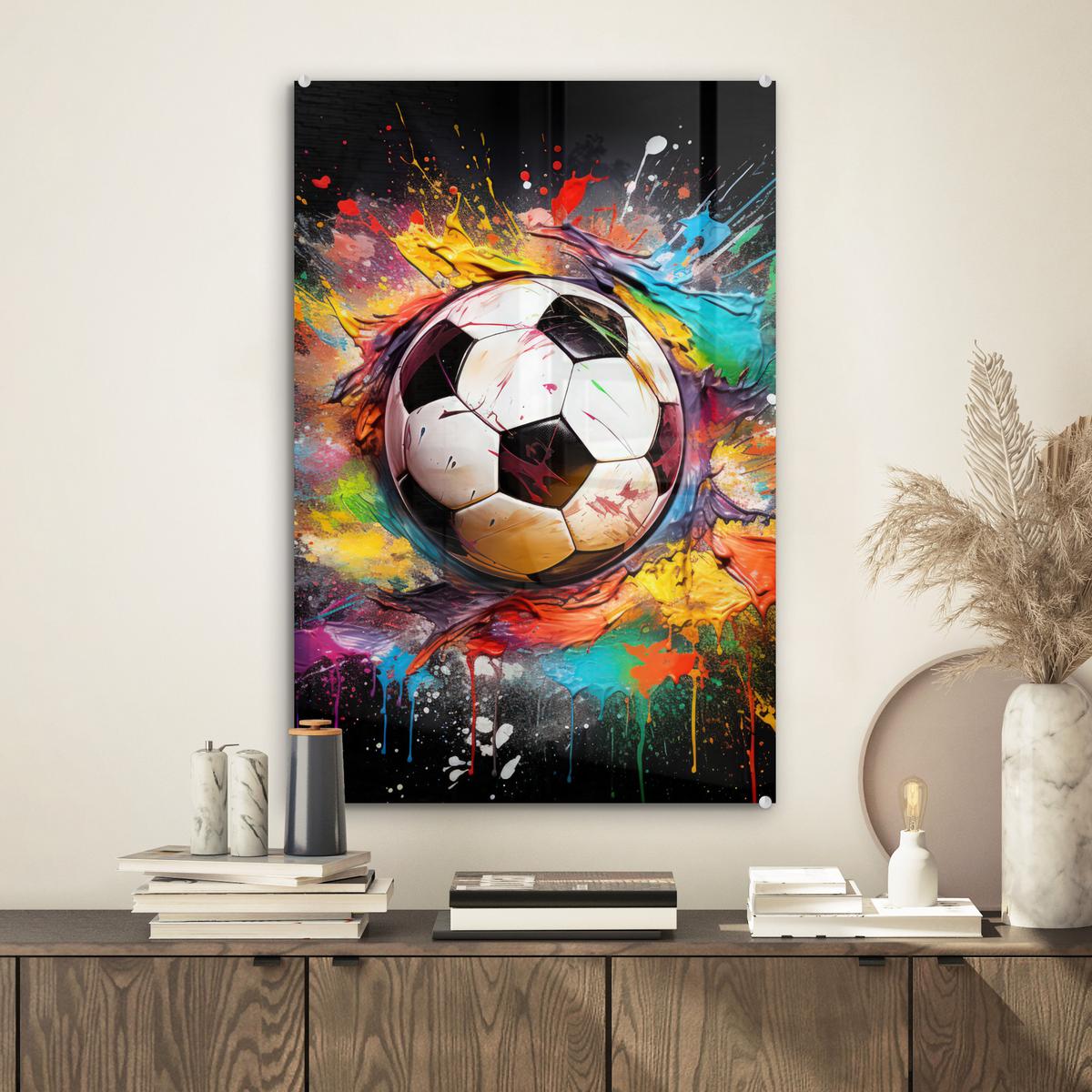 ACRYLGLASBILD Fußball - Farbe - Farben - Schwarz - Weiß Wanddeko Wohnzimmer 40x60 cm - Weiß, Glas (40/60cm) - MuchoWow