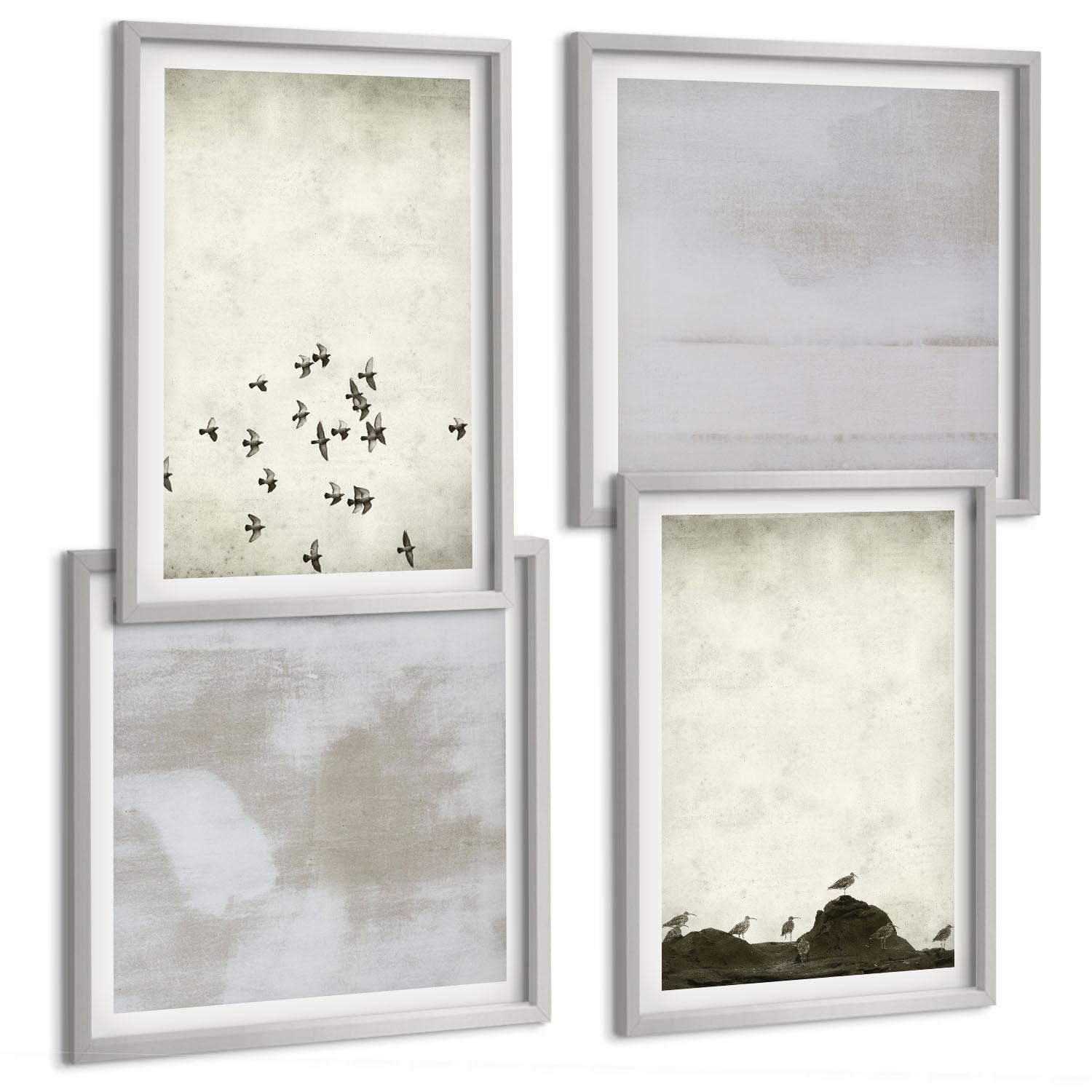 BILDER SET 4er Set - 50x50 cm & 40x60 cm Silberner Rahmen - Minimalistische Vögel im Flug - Silberfarben, Kunststoff (50/50cm) - TULUP