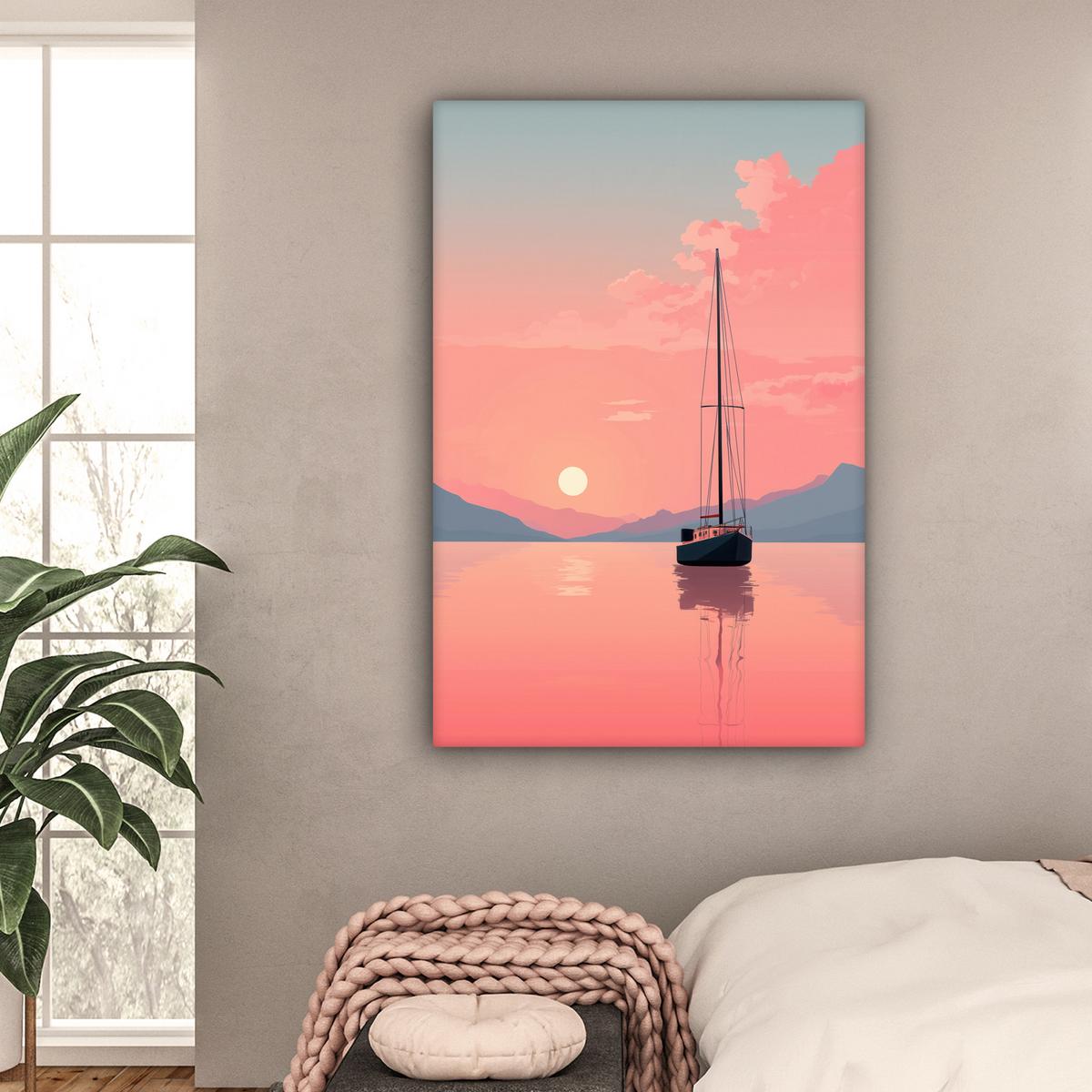 LEINWANDBILD Segelboot - Rosa Meer - Sonnenuntergang - Berge Deko XXL 80x120 cm - Rosa, Textil (80/120cm) - MuchoWow