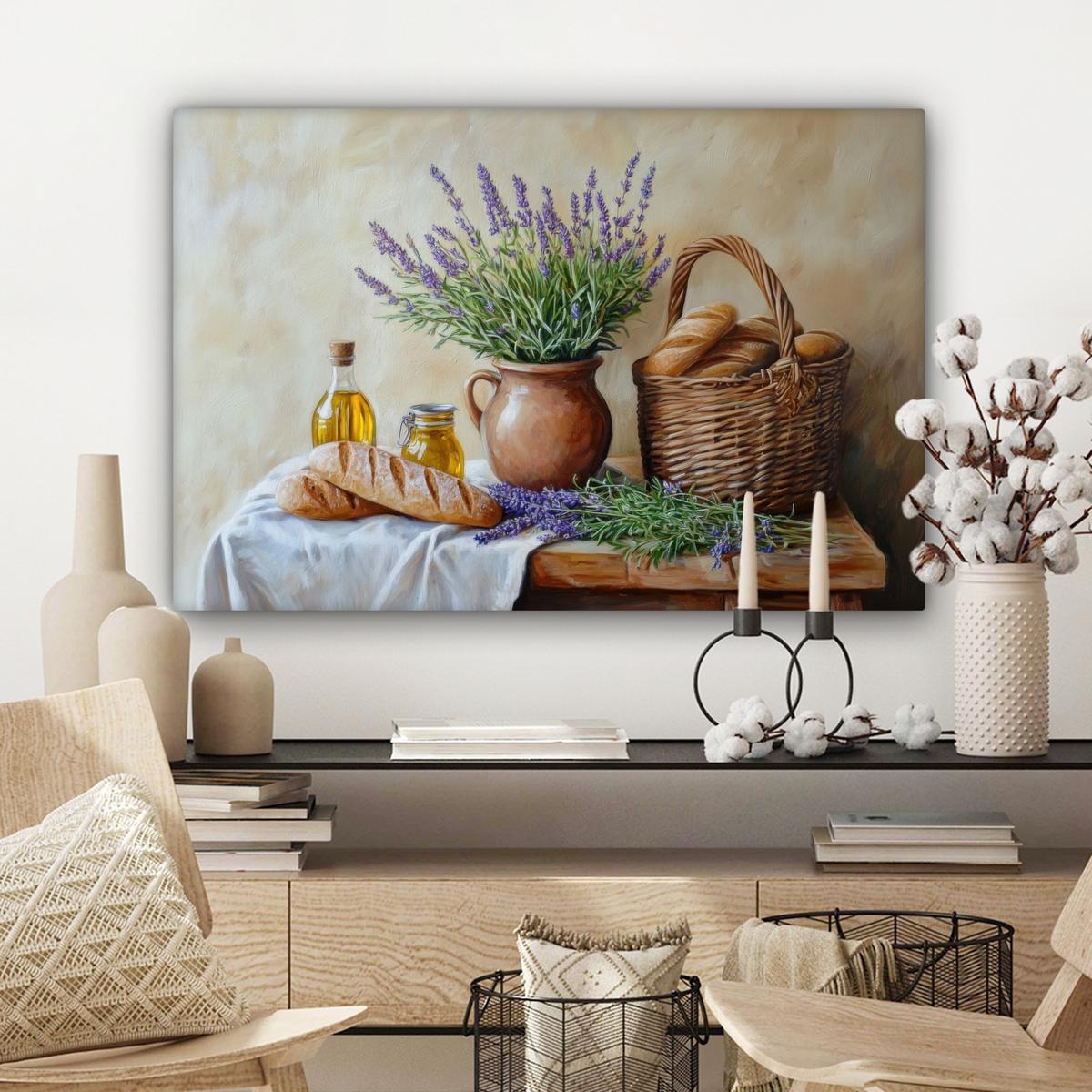 LEINWANDBILD Lavendel - Brot - Stilleben Wanddeko 90x60 cm - Flieder, Textil (90/60cm) - MuchoWow