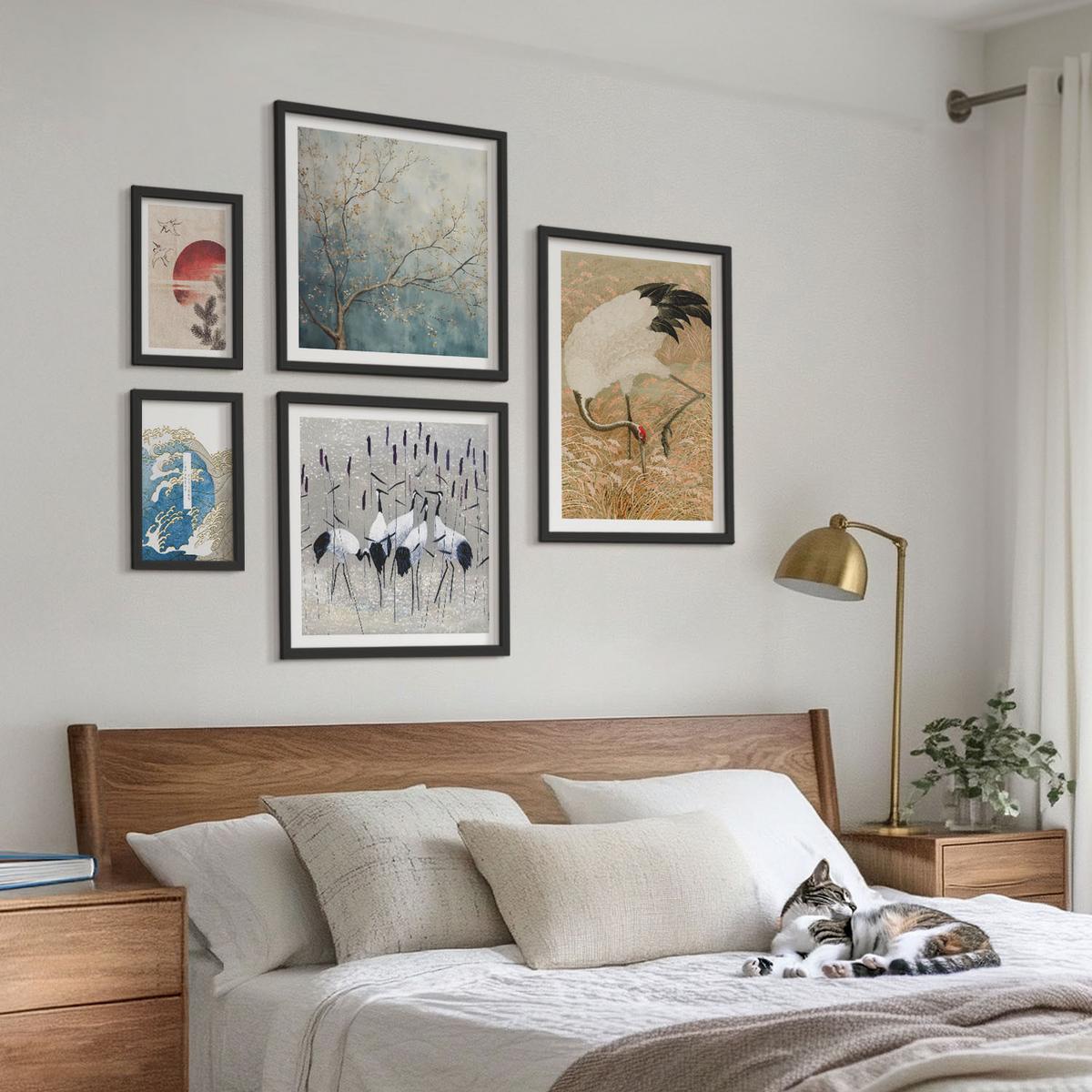 BILDER SET 5er Set - 50x50 cm & 20x30 cm & 40x60 cm Schwarzer Rahmen - Japanische Kraniche Landschaft - Schwarz, Kunststoff (40/60cm) - TULUP