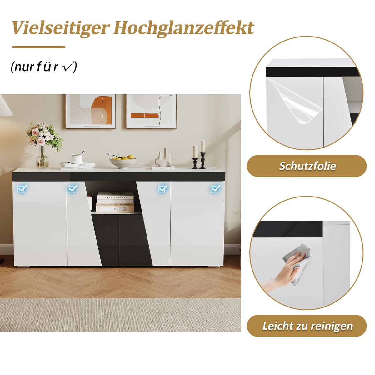 SIDEBOARD in Weiß & Schwarz mit App-LED-Lichtleiste - Weiß, Holzwerkstoff (140/65/40cm) - Urban Meuble