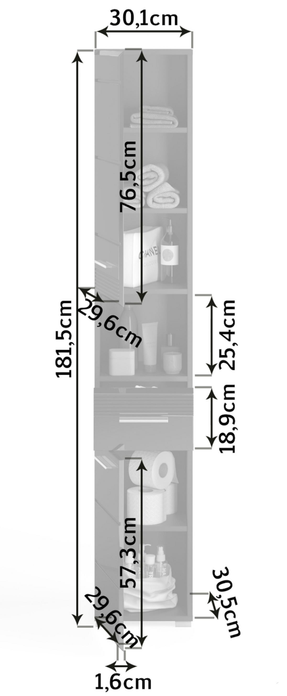 HOCHSCHRANK in schwarz Hochglanz, Badschrank 182 cm - Schwarz Hochglanz/Silberfarben, Holzwerkstoff/Kunststoff (30/182/31cm) - Inn.Furn