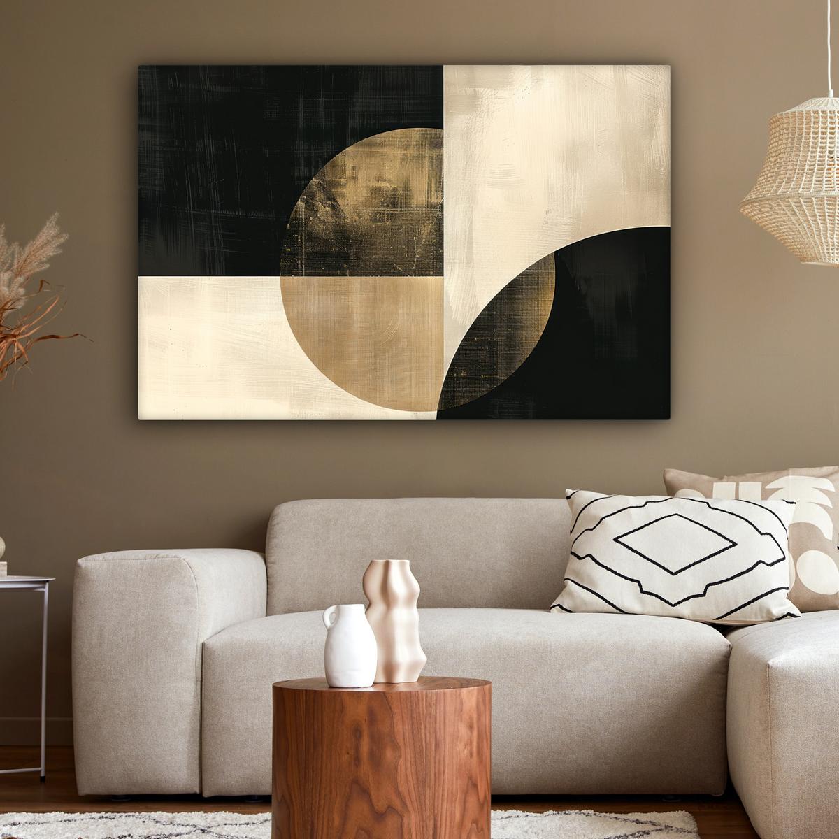 LEINWANDBILD Abstrakt - Geometrische Formen - Schwarz - Gold Groß 140x90 cm - Ecru, Textil (140/90cm) - MuchoWow
