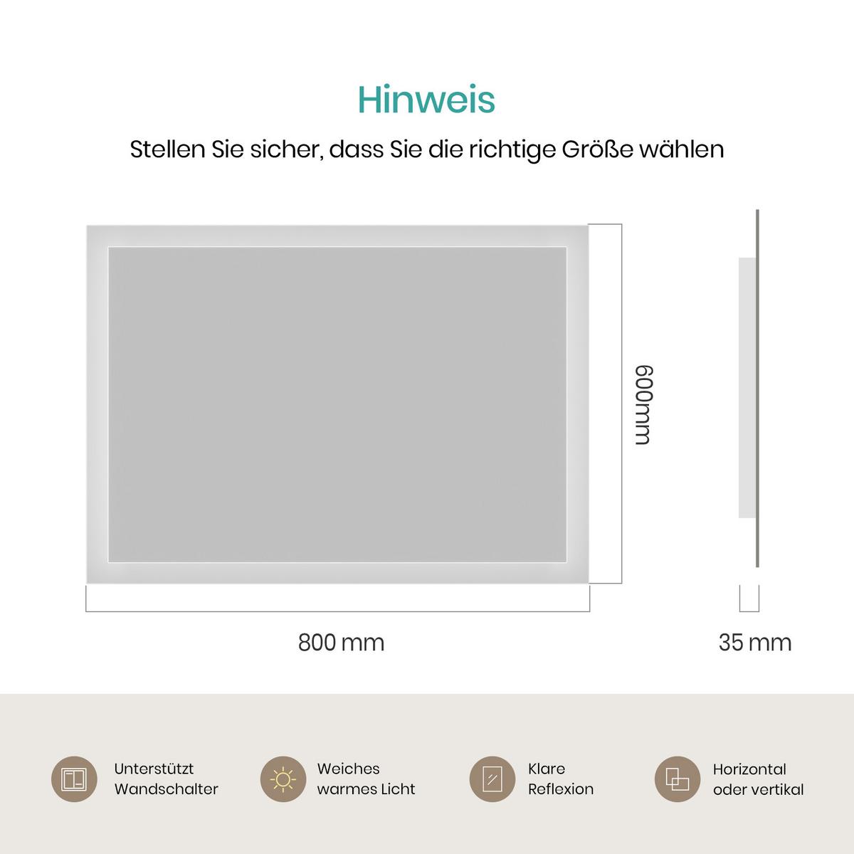 BADSPIEGEL mit Explosionsgeschützte Folie Beleuchtung 80/60 cm - Transparent, Glas (80/60/3.5cm) - EMKE