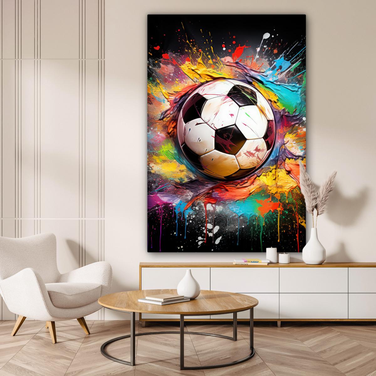 LEINWANDBILD Fußball - Farbe - Farben - Schwarz - Weiß Deko Groß 90x140 cm - Weiß, Textil (90/140cm) - MuchoWow