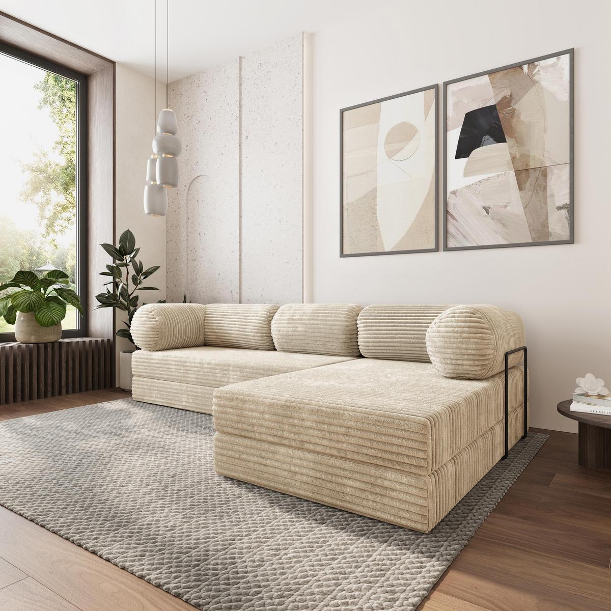 ECKSOFA ETERA modulares Boneless Sofa mit Schlaffunktion Creme Kordstoff - Creme, Textil (270/160cm) - MASSENO