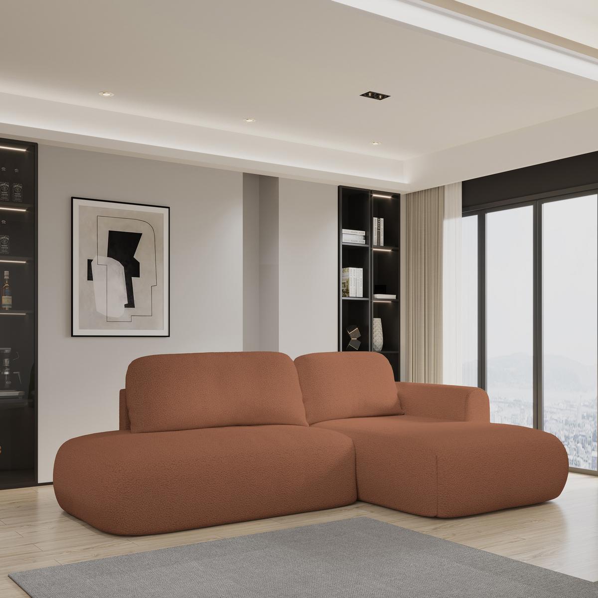 ECKSOFA NUVIRA R-S Kupferfarben Boucle-Stoff mit Schlaffunktion - Kupferfarben, Holz (279/158cm) - MASSENO