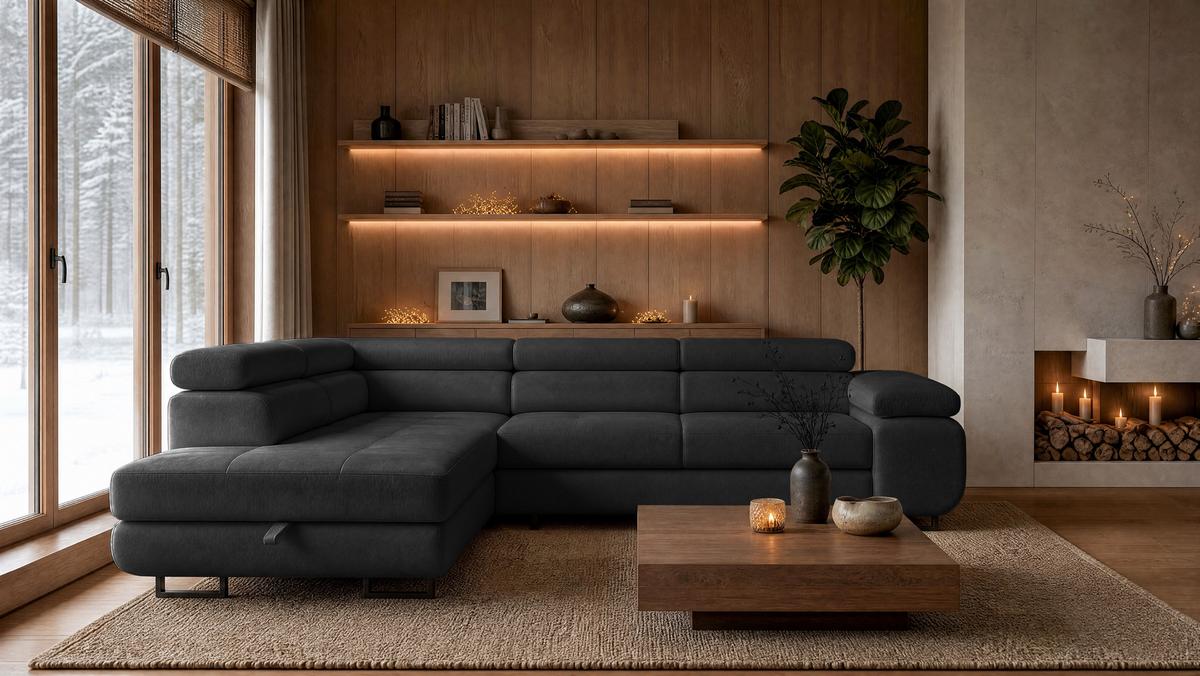 ECKSOFA Velmo mit Bettkasten und Schlaffunktion, verstellbaren Kopfstützen, in L-Form - Dunkelgrau, Textil (275/203cm)