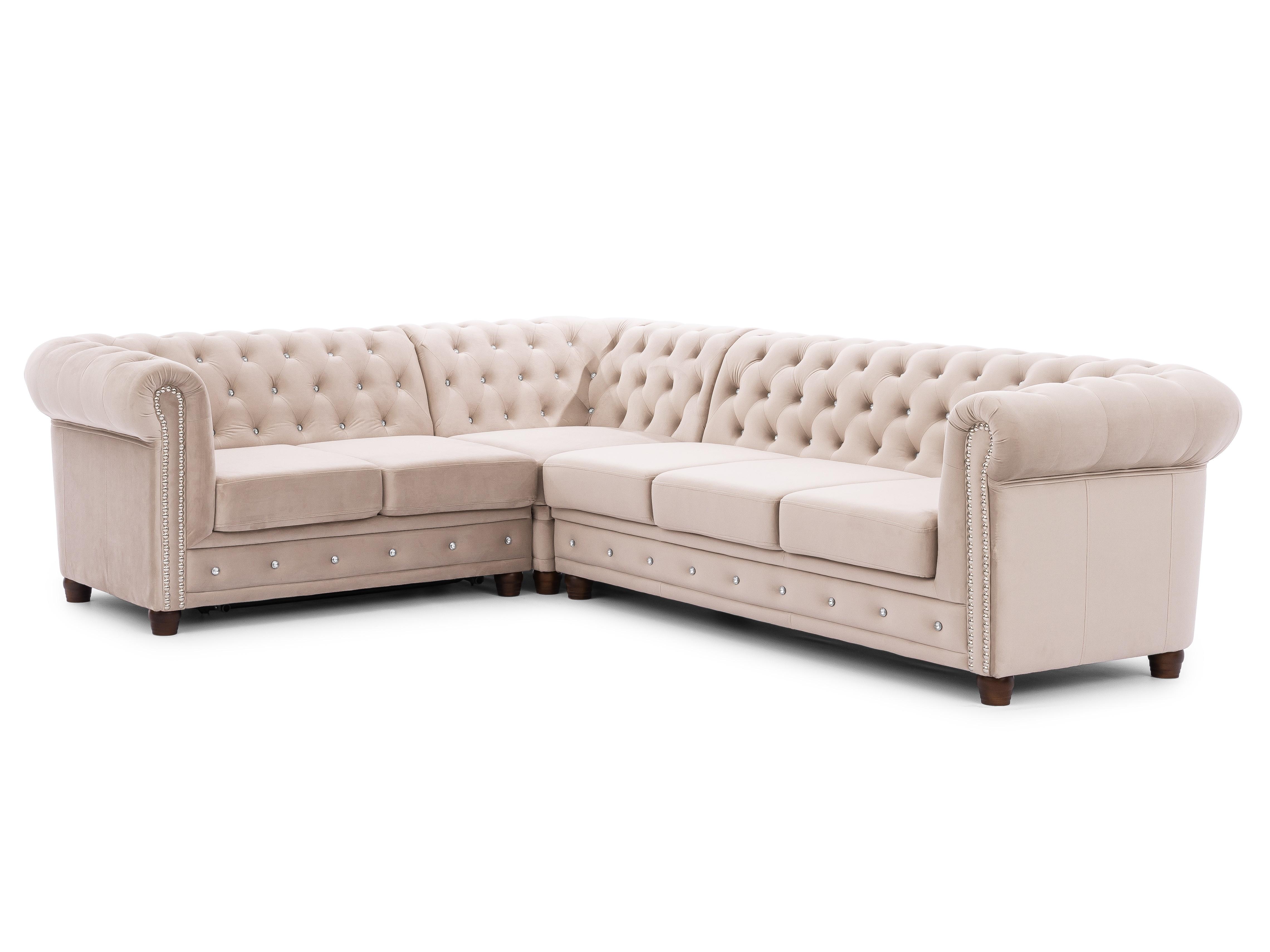 ECKSOFA mit Schlaffunktion Chesterfield Beige Samt mit Kristallsteppung und braunen Massivholzfüßen - Ottomane Links - Beige/Braun, Holz/Textil (264/210cm) - S-Style