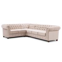 ECKSOFA mit Schlaffunktion Chesterfield Beige Samt mit Kristallsteppung und braunen Massivholzfüßen - Ottomane Links - Beige/Braun, Holz/Textil (264/210cm) - S-Style