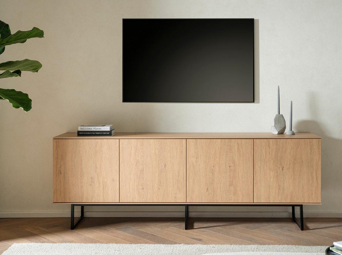 TV-LOWBOARD Eiche 200 x 70 cm, Flat-TV Unterschrank mit Komforthöhe, Push-To-Open-Funktion - Eichefarben/Schwarz, Holzwerkstoff/Metall (200/70/40cm) - Furn.Design