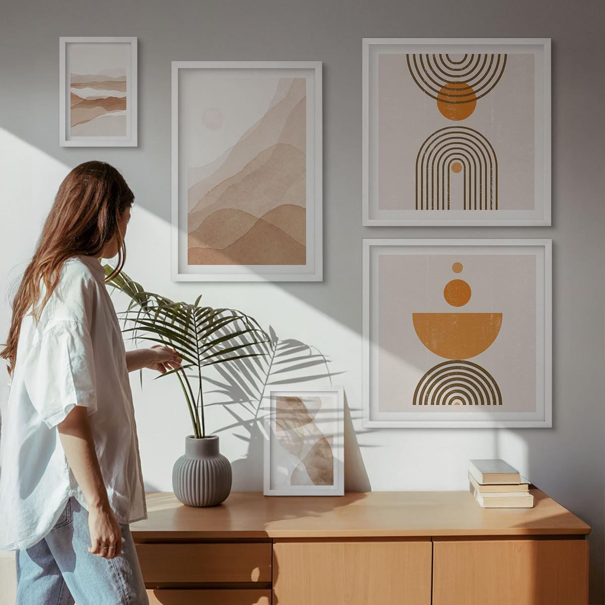 BILDER SET 5er Set - 50x50 cm & 20x30 cm & 40x60 cm Weißer Rahmen - Strukturen schattieren Minimalismus - Weiß, Kunststoff (40/60cm) - TULUP