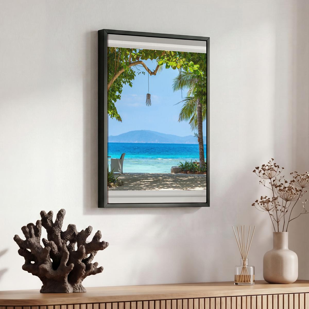 LEINWAND Bilder mit Rahmen - Aussicht - Baum - Meer - Palme - Hügel - Strand - Blau - 30x40 - Blau, Textil (30/40cm) - MuchoWow