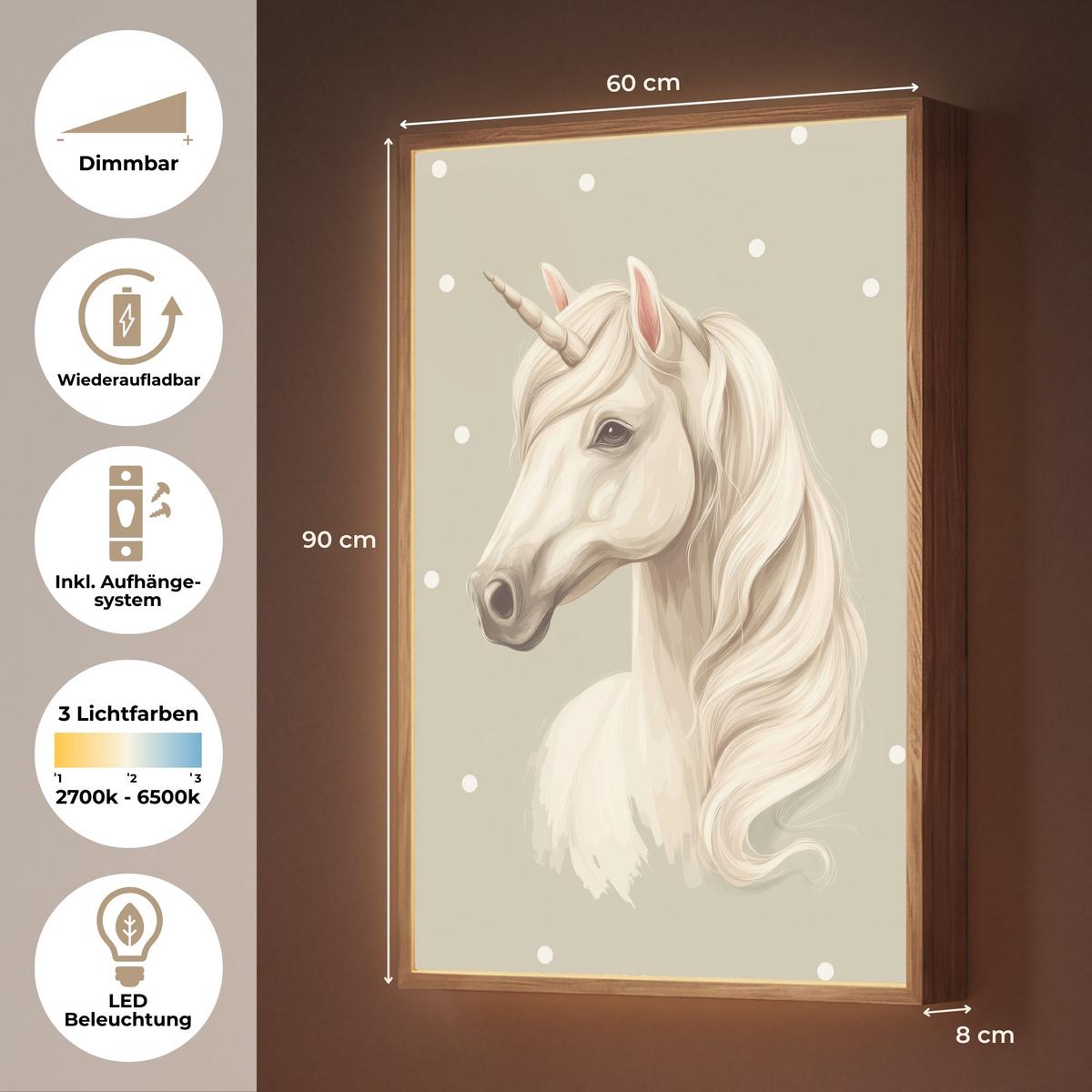 NACHTTISCHLAMPE MIT AKKU Einhorn - Weiß - Punkte 60x90 cm - Taupe, Holzwerkstoff (8/60/90cm) - OnlyWow